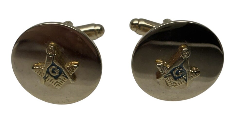 Vintage Masonic Freemason Cufflinks Gold Tone Blue Enamel Square Compass G